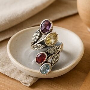 Artisan Natural Multi-Gem Leaf Bypass Ring | 925 Adjustable Size 7 NWOT #433